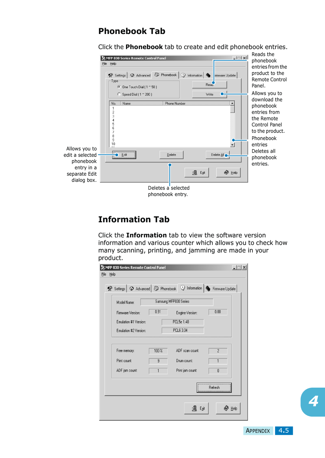 Samsung SF-835P manual Phonebook Tab, Information Tab 