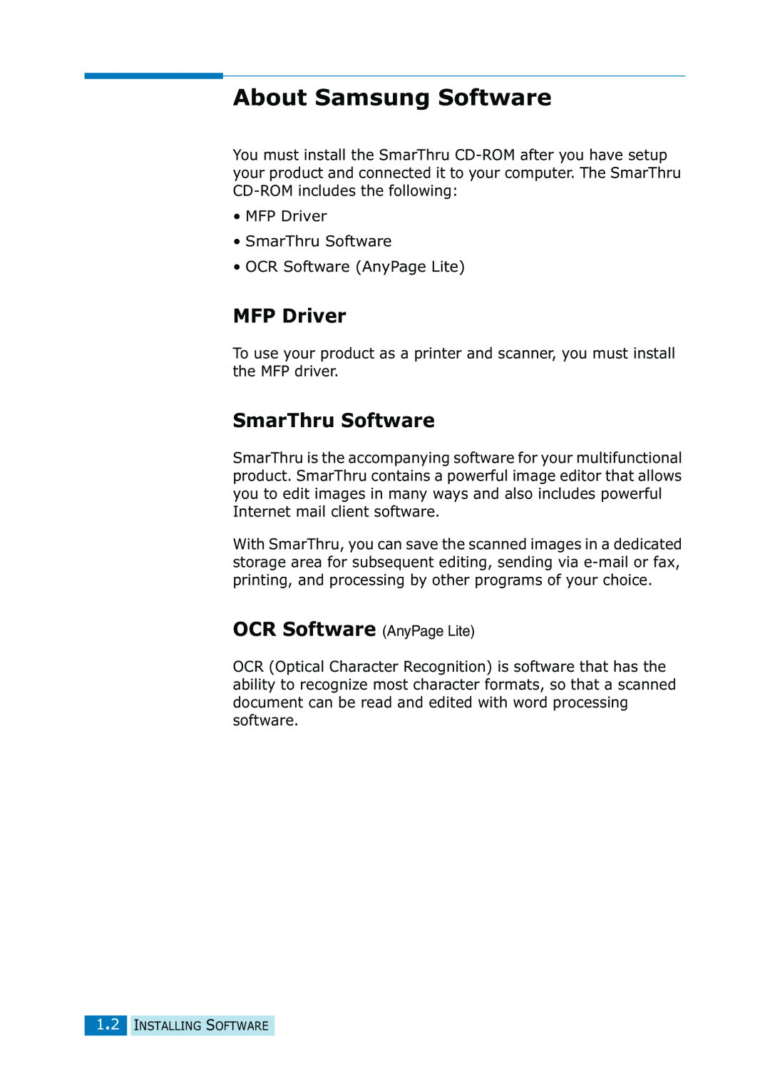 Samsung SF-835P manual About Samsung Software, MFP Driver, SmarThru Software 