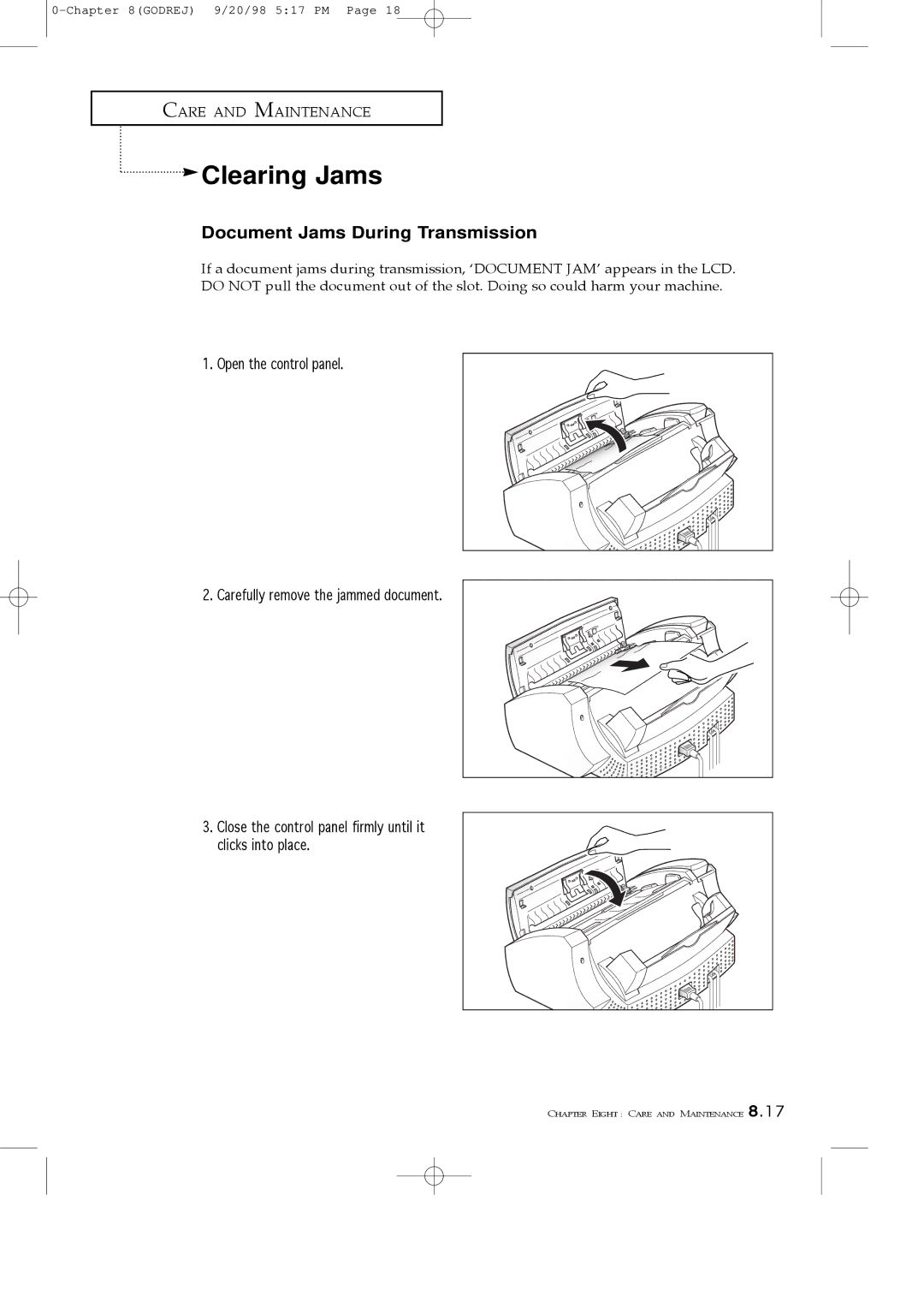 Samsung SF3000T manual Clearing Jams, Document Jams During Transmission 