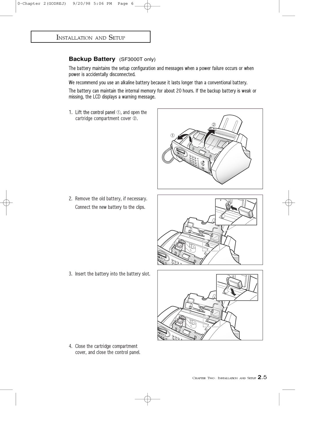 Samsung manual Backup Battery SF3000T only, Insert the battery into the battery slot 