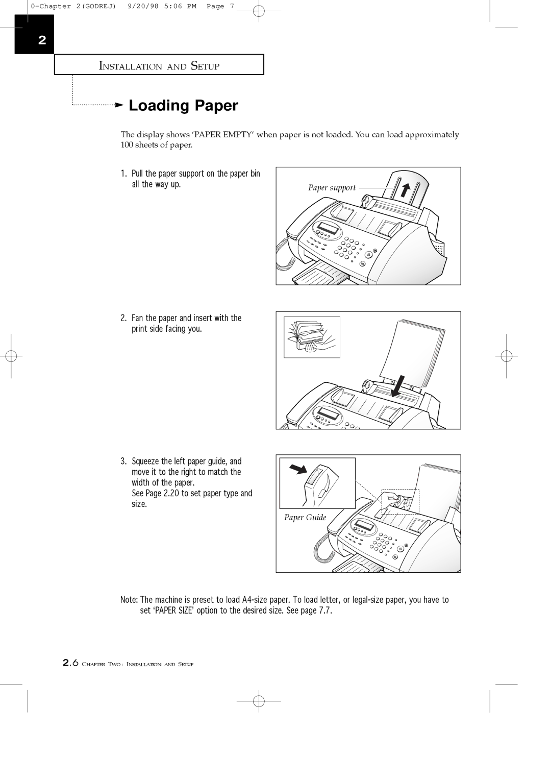 Samsung SF3000T manual Loading Paper, Pull the paper support on the paper bin all the way up 