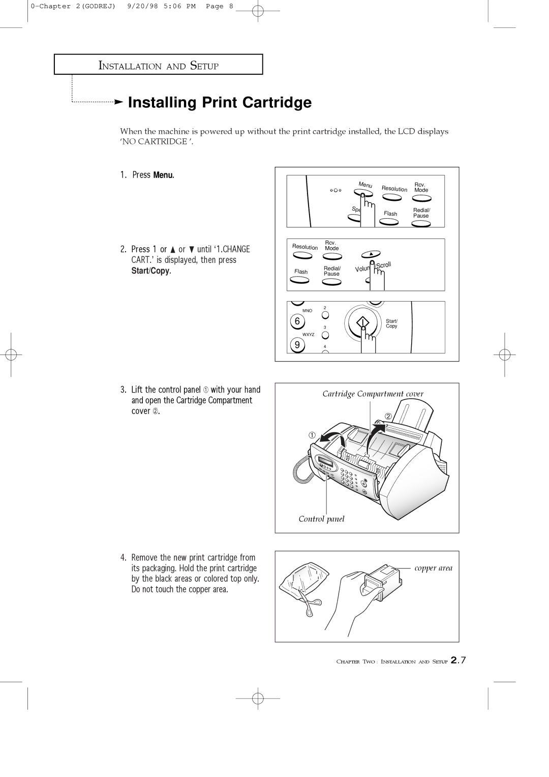 Samsung SF3000T manual Installing Print Cartridge, Press Menu 