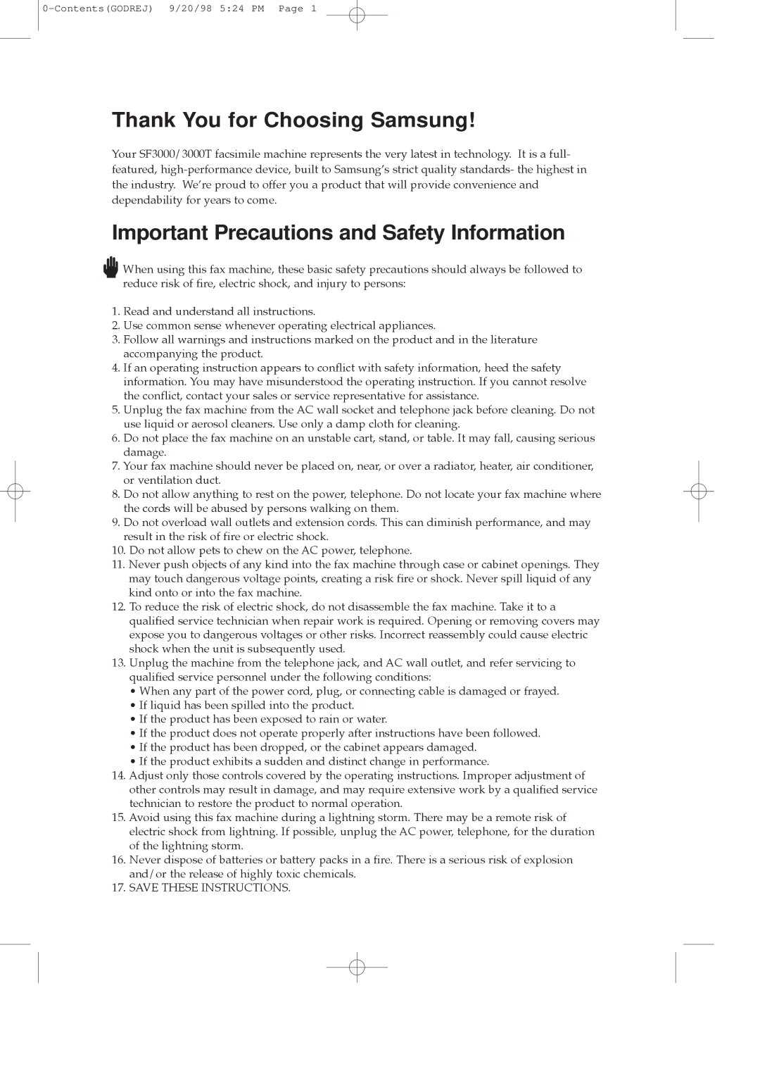 Samsung SF3000T manual Thank You for Choosing Samsung, Important Precautions and Safety Information 