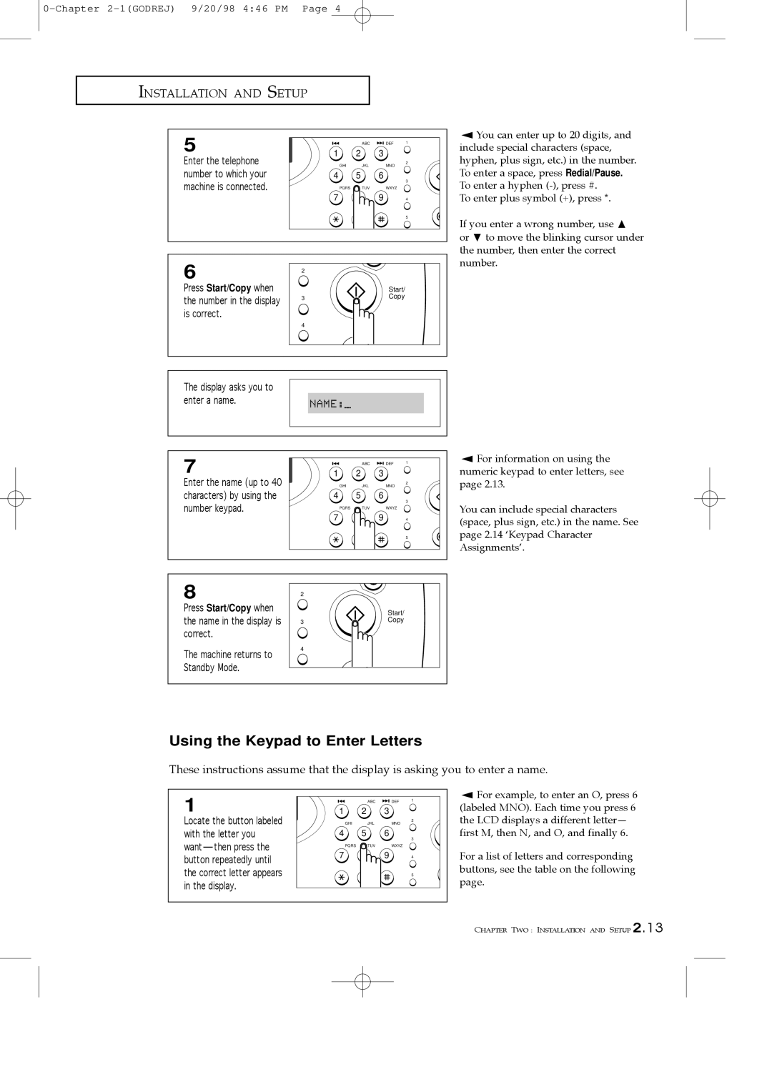 Samsung SF3000T manual Using the Keypad to Enter Letters 