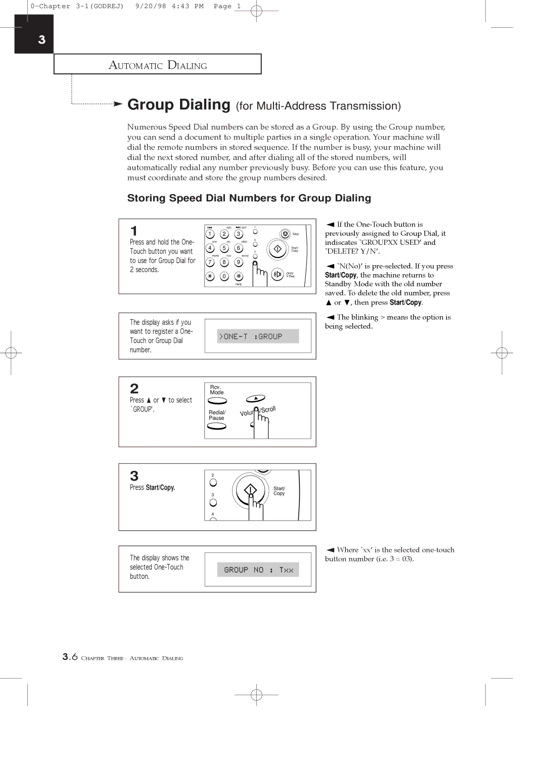 Samsung SF3000T manual Group Dialing for Multi-Address Transmission, Storing Speed Dial Numbers for Group Dialing 