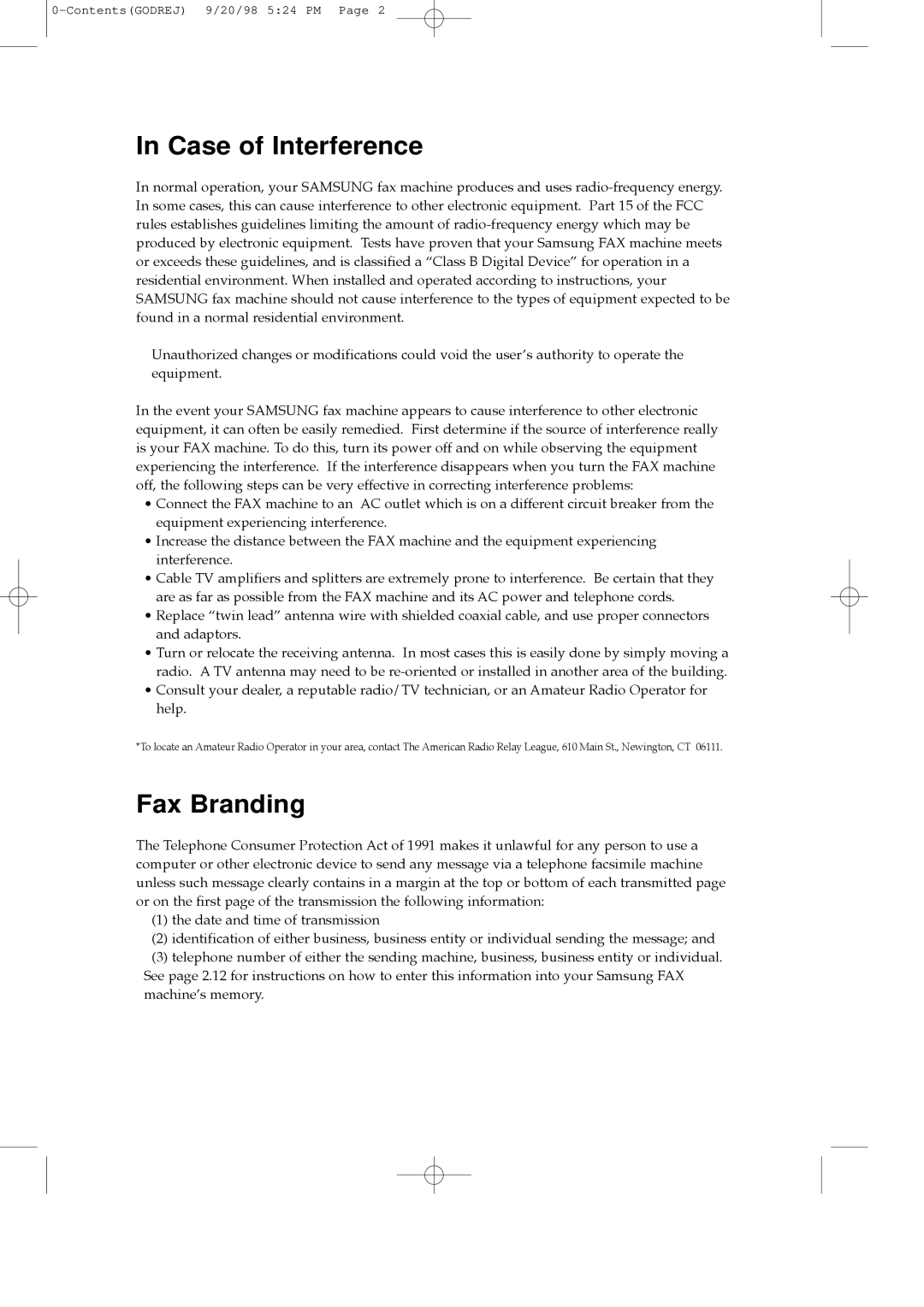 Samsung SF3000T manual Case of Interference, Fax Branding 