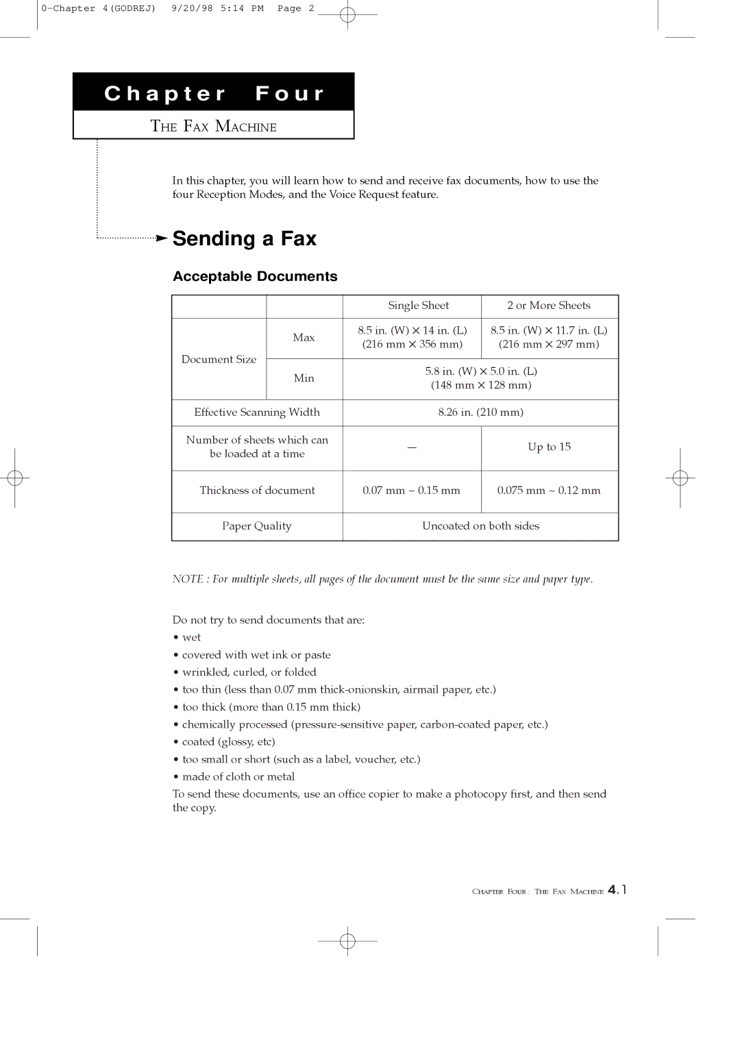 Samsung SF3000T manual Sending a Fax, Acceptable Documents 