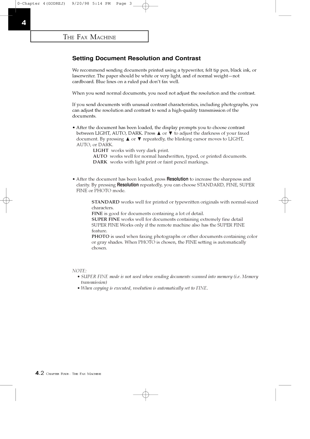 Samsung SF3000T manual Setting Document Resolution and Contrast 