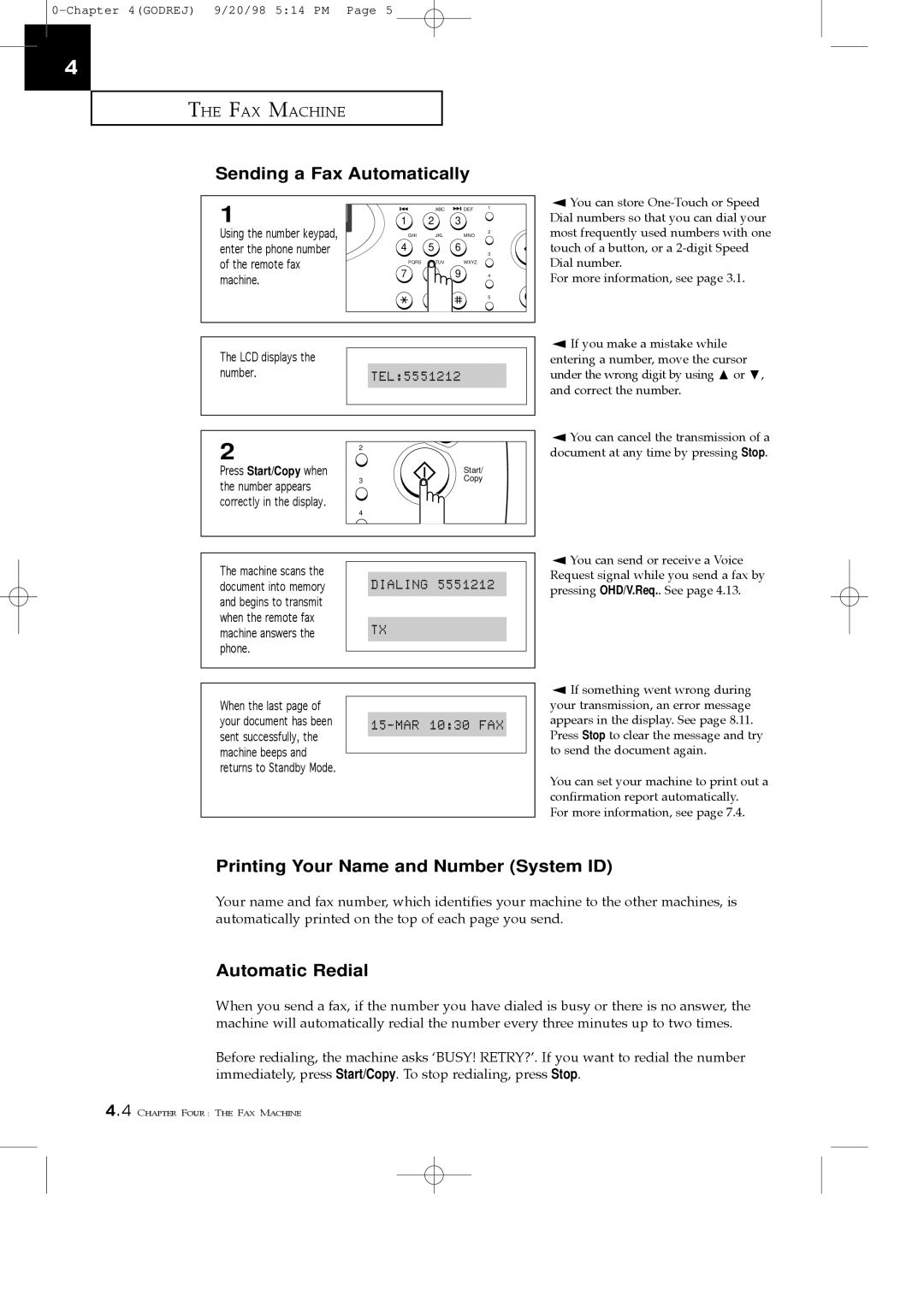 Samsung SF3000T manual Sending a Fax Automatically, Printing Your Name and Number System ID, Automatic Redial 