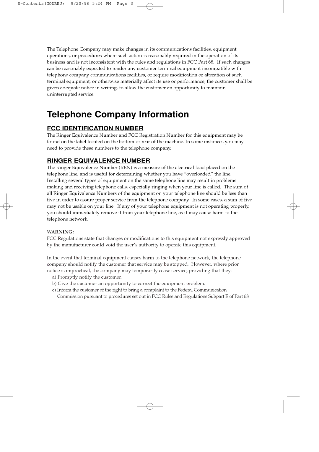 Samsung SF3000T manual Telephone Company Information, FCC Identification Number 