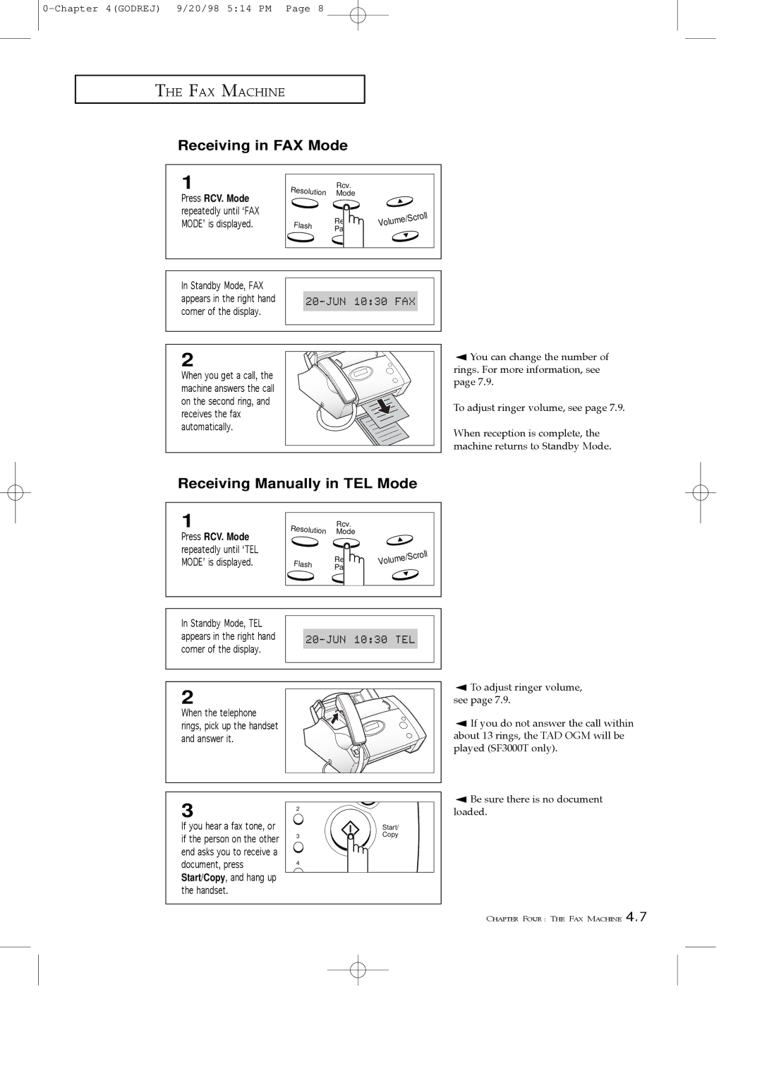 Samsung SF3000T manual Receiving in FAX Mode, Receiving Manually in TEL Mode 