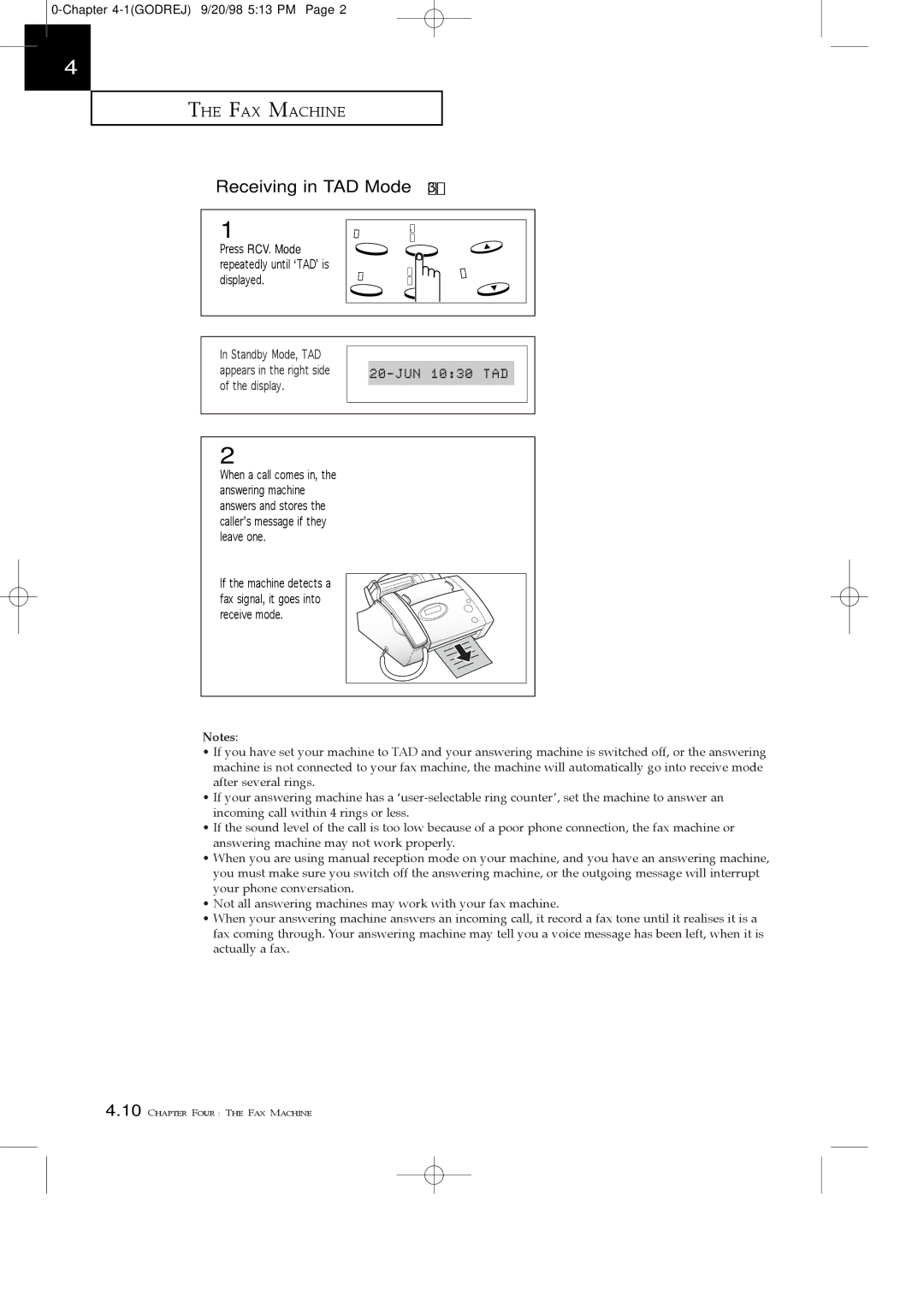 Samsung SF3000T manual Receiving in TAD Mode SF3000, Press RCV. Mode repeatedly until Ôtadõ is displayed 