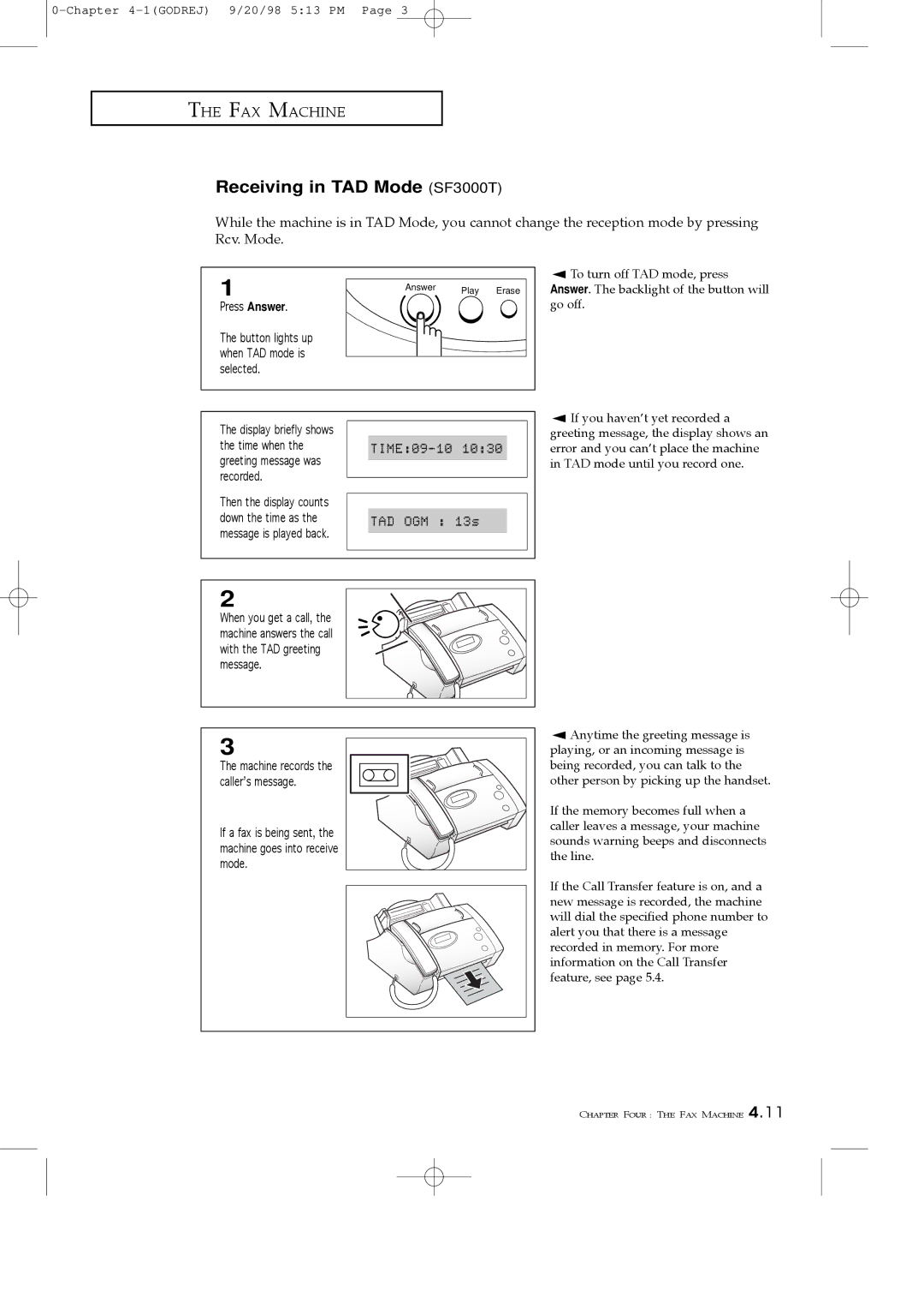 Samsung manual Receiving in TAD Mode SF3000T, TIME09-10 TAD OGM 13s 