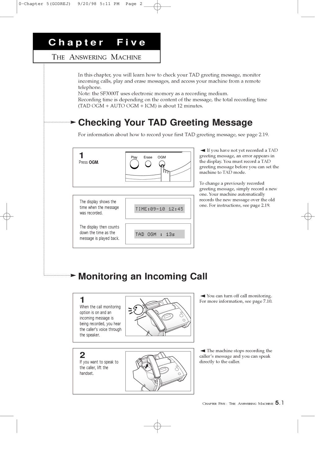 Samsung SF3000T manual Checking Your TAD Greeting Message, Monitoring an Incoming Call 