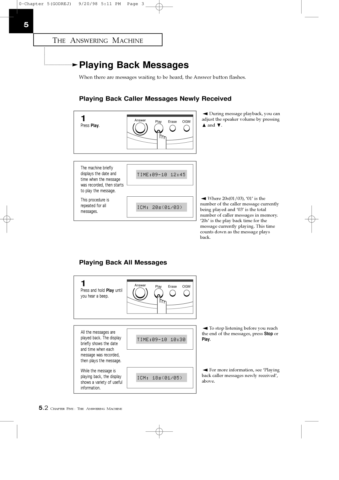 Samsung SF3000T manual Playing Back Messages, Playing Back Caller Messages Newly Received, Playing Back All Messages 