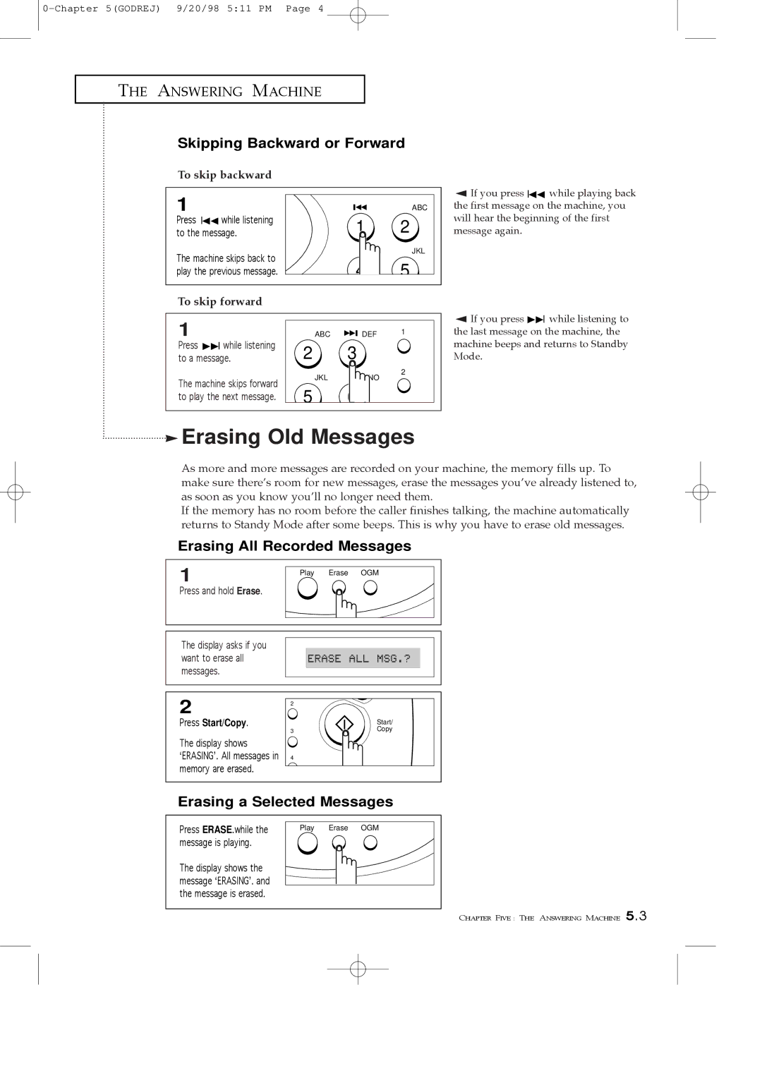 Samsung SF3000T manual Erasing Old Messages, Skipping Backward or Forward, Erasing All Recorded Messages 