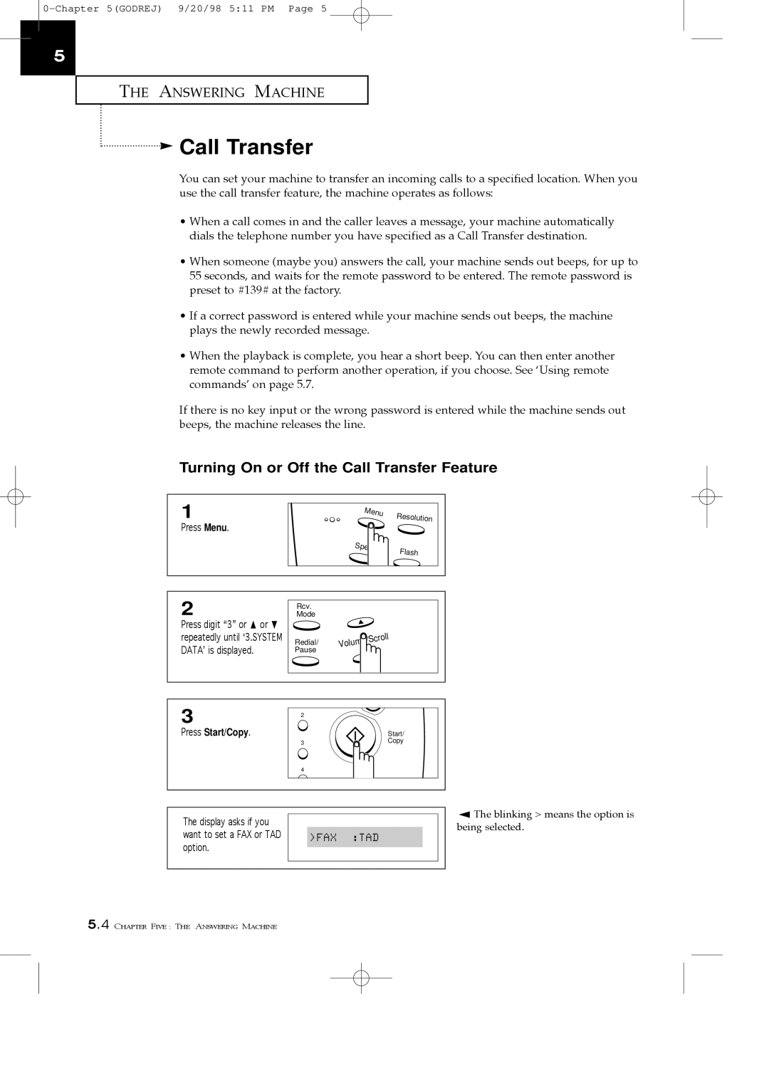 Samsung SF3000T manual Turning On or Off the Call Transfer Feature 