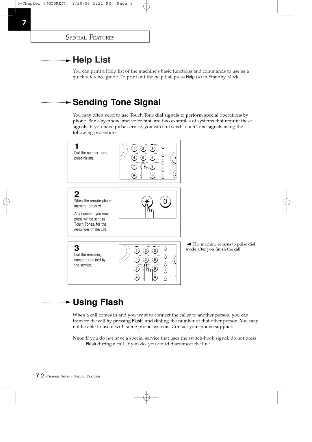 Samsung SF3000T manual Help List, Sending Tone Signal, Using Flash 