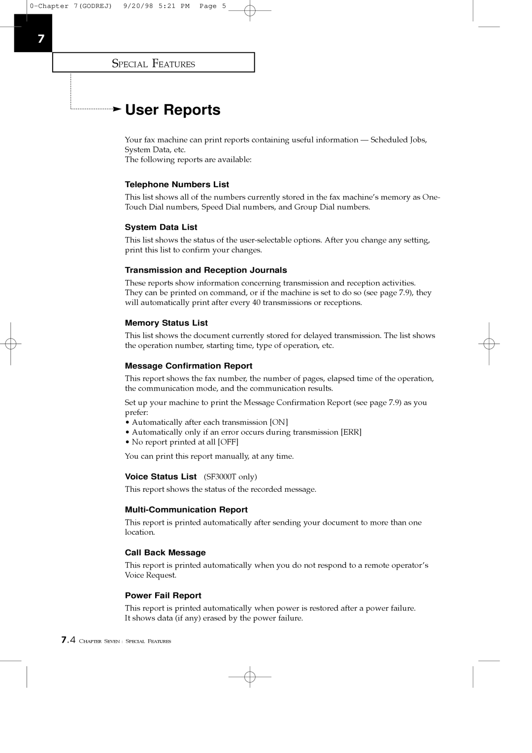 Samsung SF3000T manual User Reports, Telephone Numbers List 