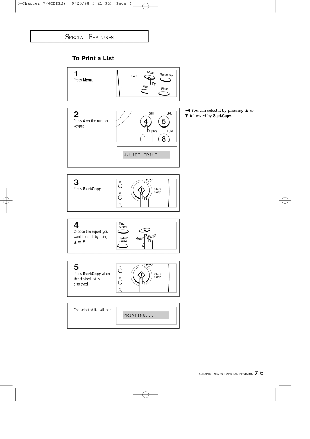 Samsung SF3000T manual To Print a List, Press Start/Copy when the desired list is displayed 