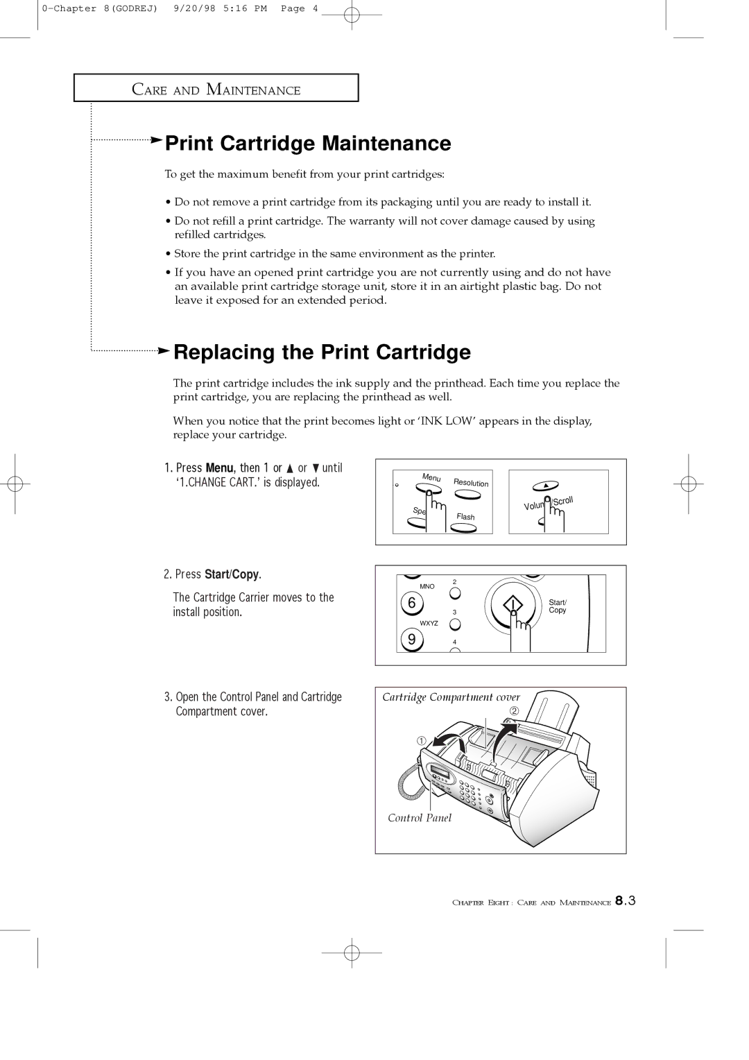 Samsung SF3000T manual Print Cartridge Maintenance, Replacing the Print Cartridge 