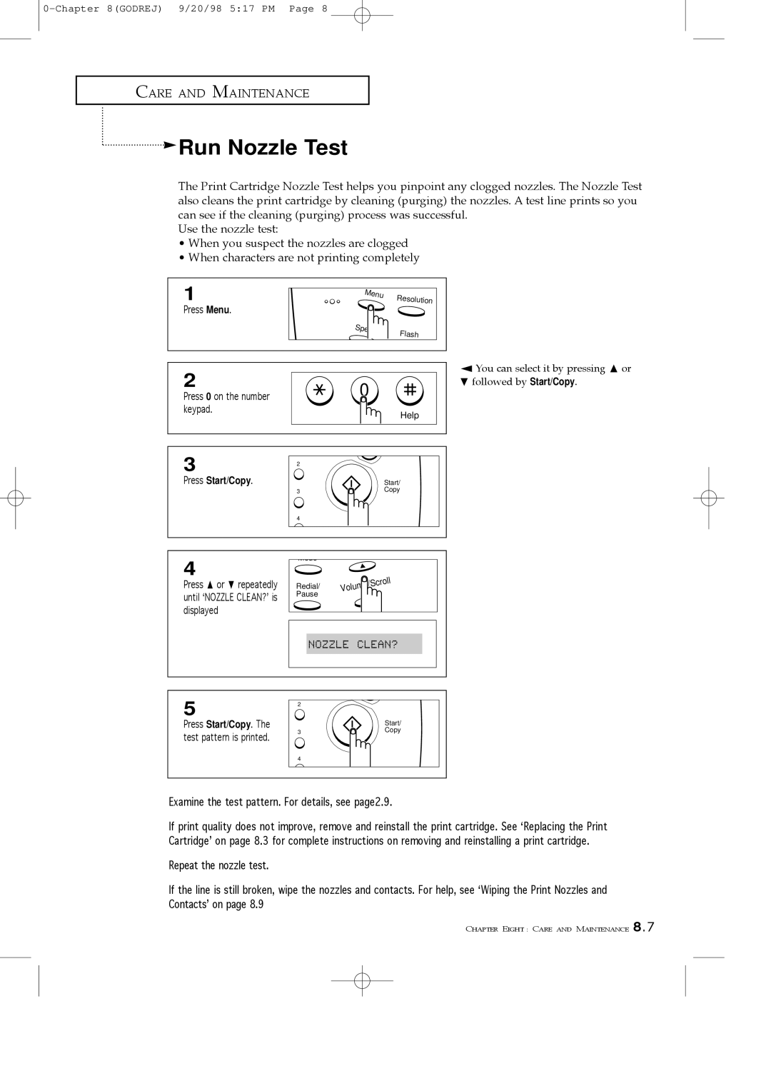 Samsung SF3000T manual Run Nozzle Test, Examine the test pattern. For details, see page2.9 