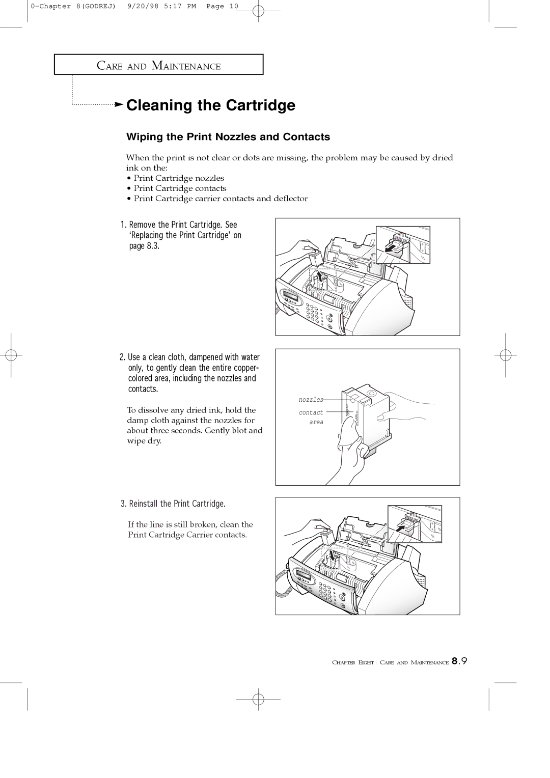 Samsung SF3000T manual Cleaning the Cartridge, Wiping the Print Nozzles and Contacts 