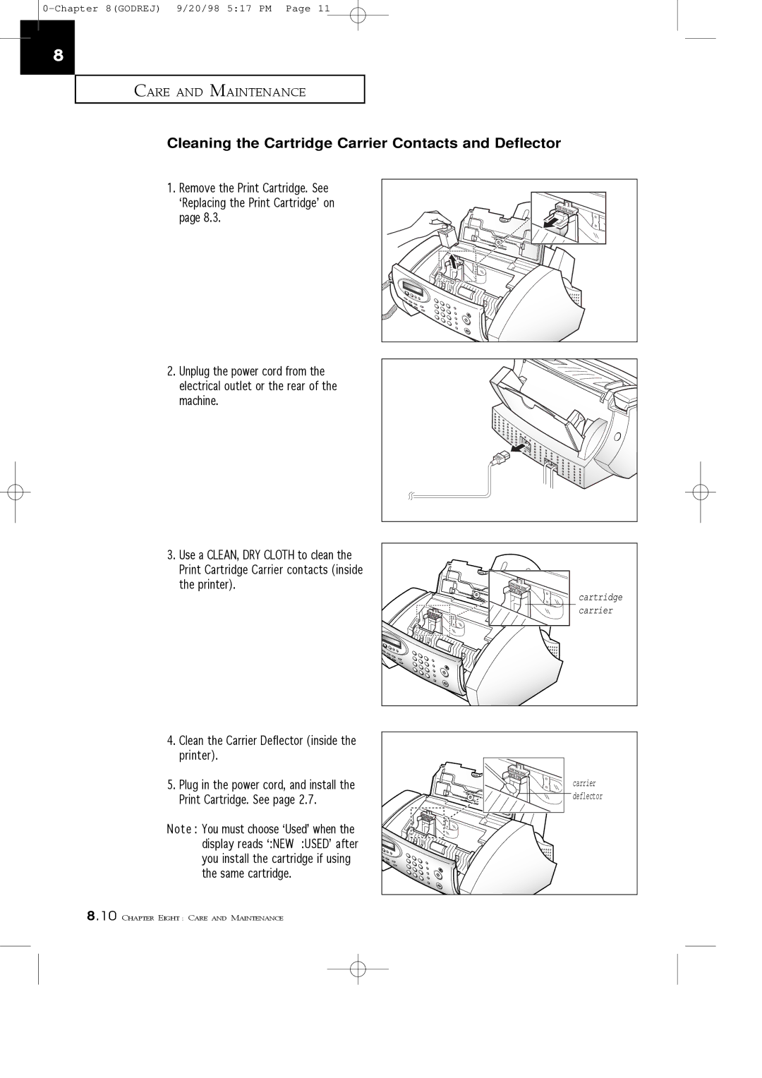 Samsung SF3000T Cleaning the Cartridge Carrier Contacts and Deflector, Clean the Carrier Deflector inside the printer 