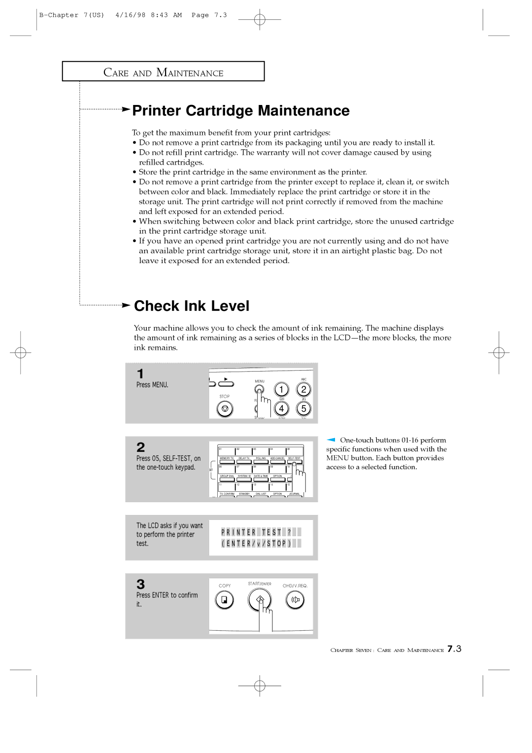 Samsung SF4000, SF4100, SF4200 manual Printer Cartridge Maintenance, Check Ink Level, To perform the printer Test 