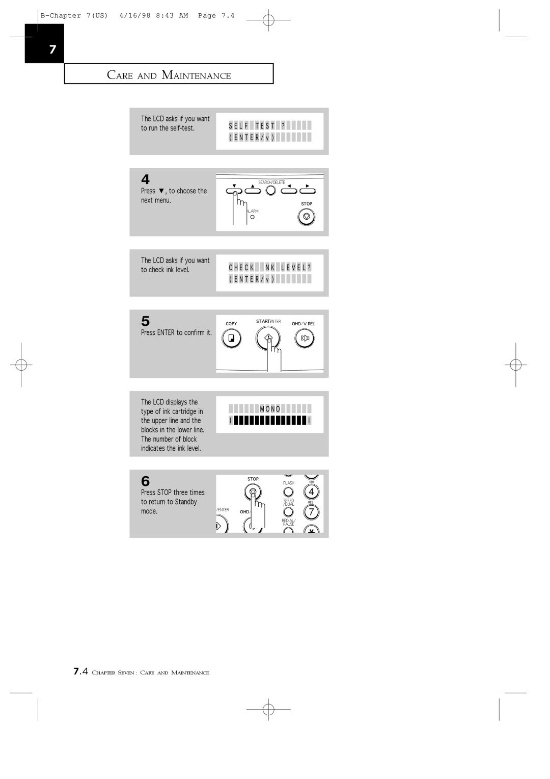 Samsung SF4100 To run the self-test Press , to choose the next menu, To check ink level, Press Enter to confirm it, N O 