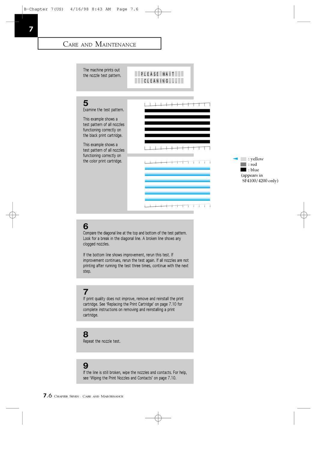 Samsung SF4000, SF4200 manual Machine prints out, Examine the test pattern, Yellow Red Blue Appears in SF4100/4200 only 