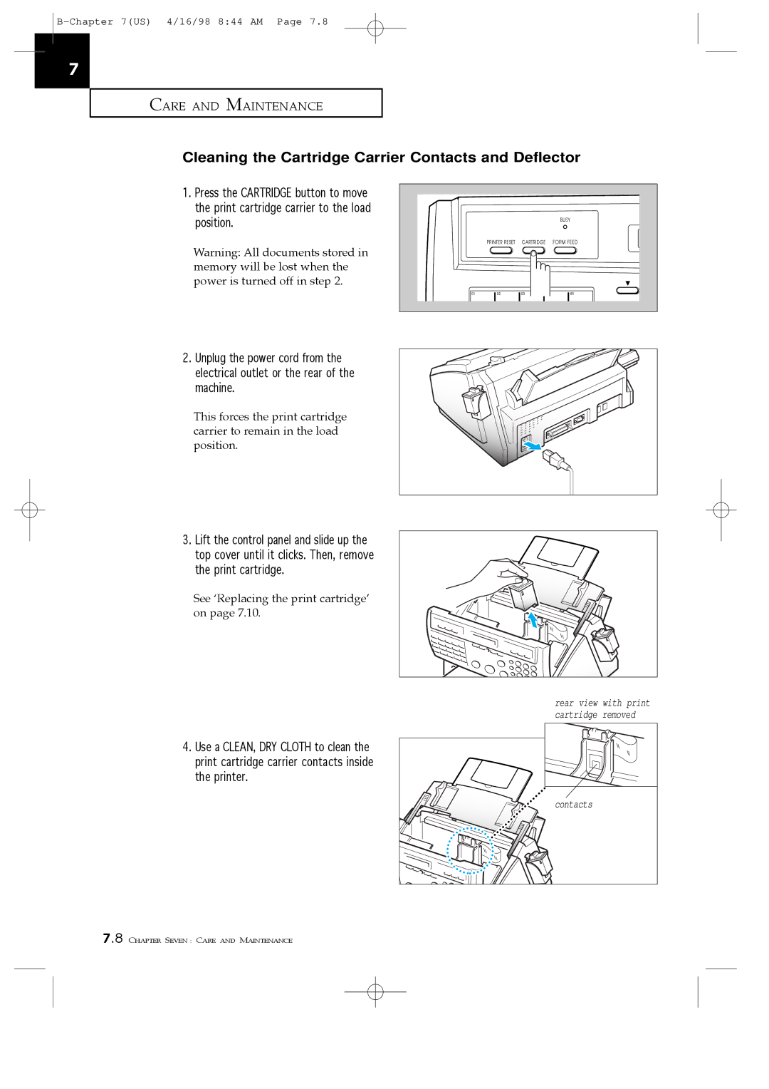 Samsung SF4200, SF4100, SF4000 manual Cleaning the Cartridge Carrier Contacts and Deflector 