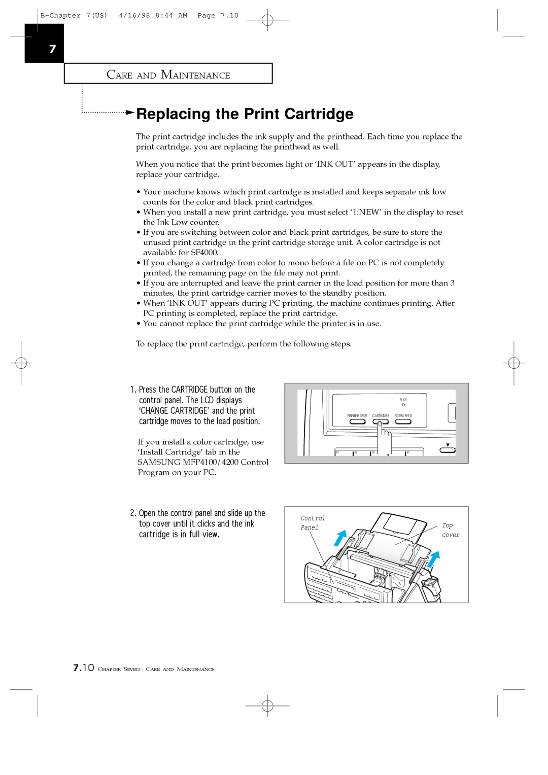 Samsung SF4100, SF4200, SF4000 manual Replacing the Print Cartridge 