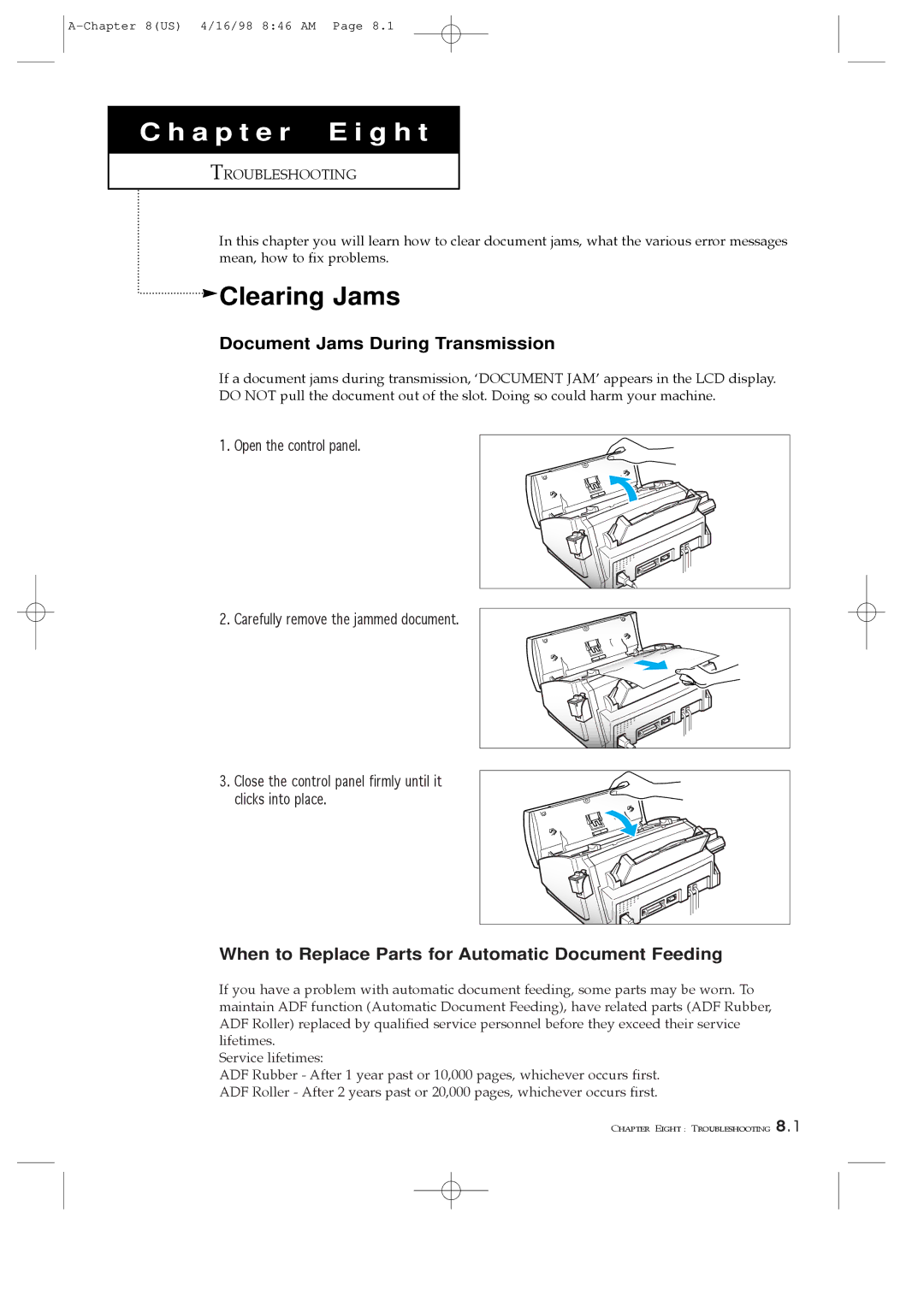 Samsung SF4000 Clearing Jams, Document Jams During Transmission, When to Replace Parts for Automatic Document Feeding 