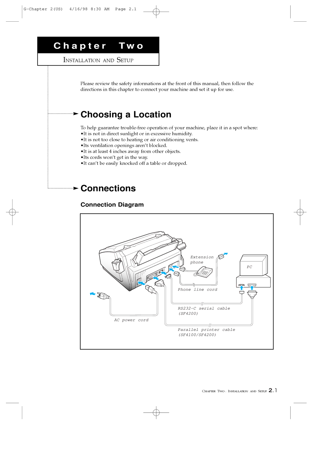 Samsung SF4000, SF4100, SF4200 manual Choosing a Location, Connections, Connection Diagram, Installation and Setup 