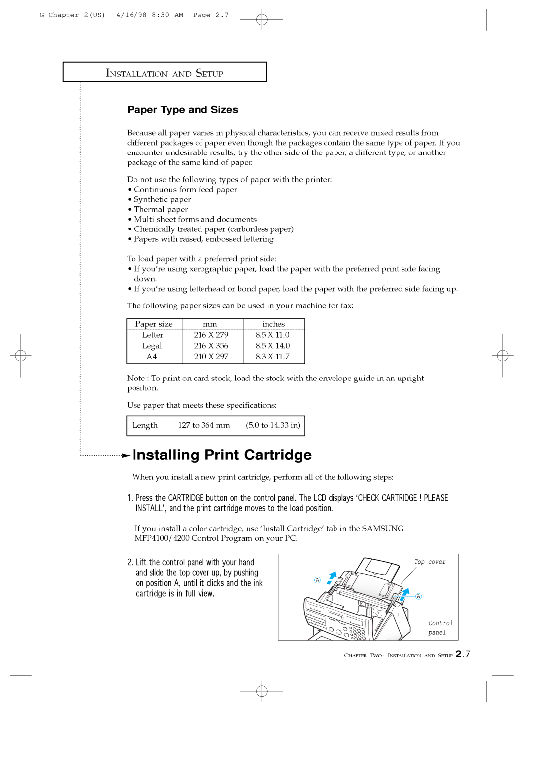 Samsung SF4000, SF4100, SF4200 manual Installing Print Cartridge, Paper Type and Sizes, X Legal 210 X 