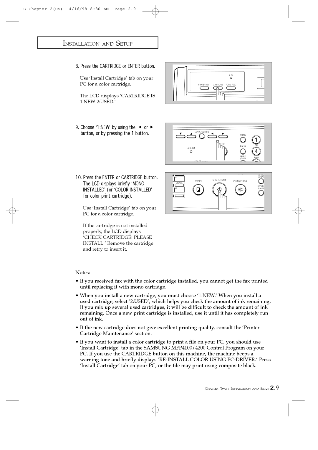 Samsung SF4200, SF4100, SF4000 manual Press the Enter or Cartridge button, Installedõ or Ôcolor Installedõ 