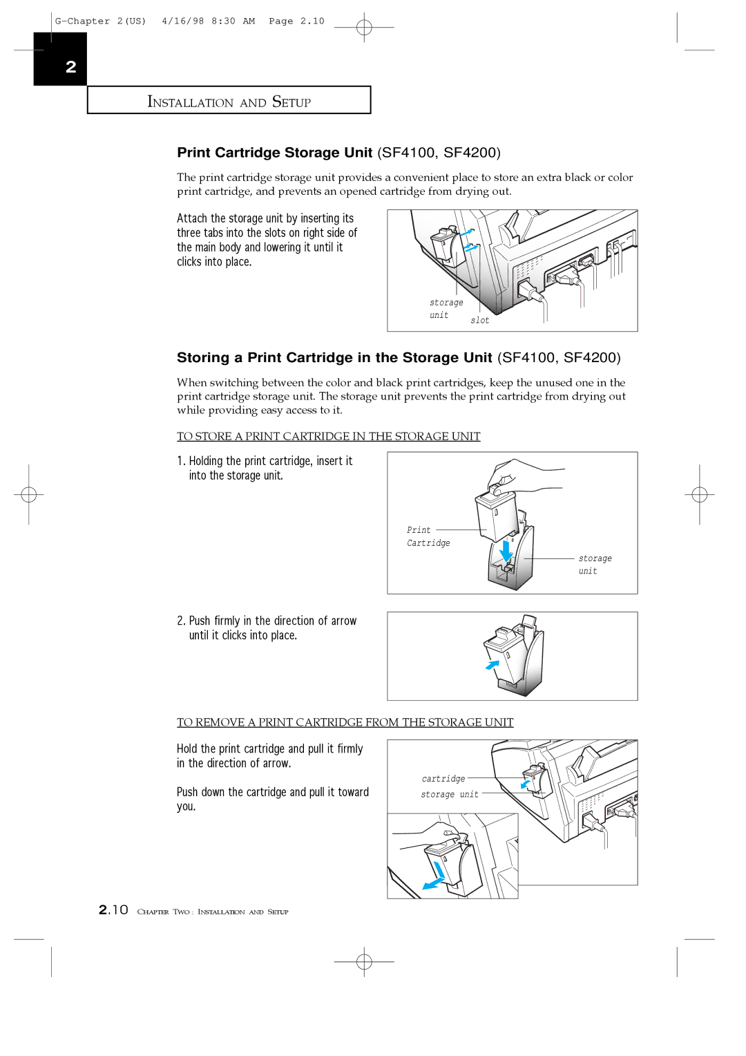 Samsung SF4000 manual Print Cartridge Storage Unit SF4100, SF4200, To Store a Print Cartridge in the Storage Unit 