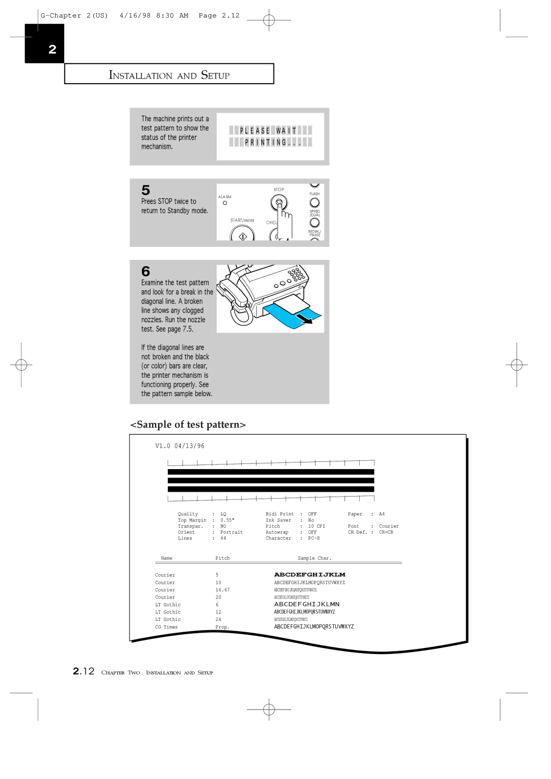 Samsung SF4200, SF4100, SF4000 manual Sample of test pattern, E a S E WA I T I N T I N G 