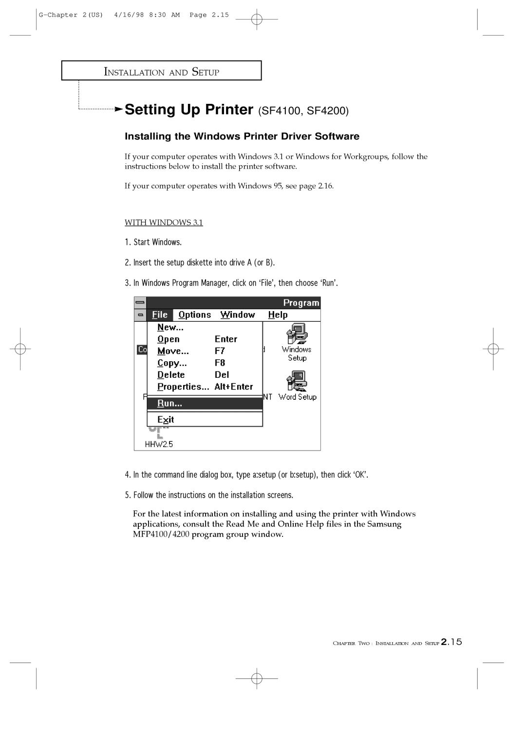 Samsung SF4000 manual Setting Up Printer SF4100, SF4200, Installing the Windows Printer Driver Software, With Windows 