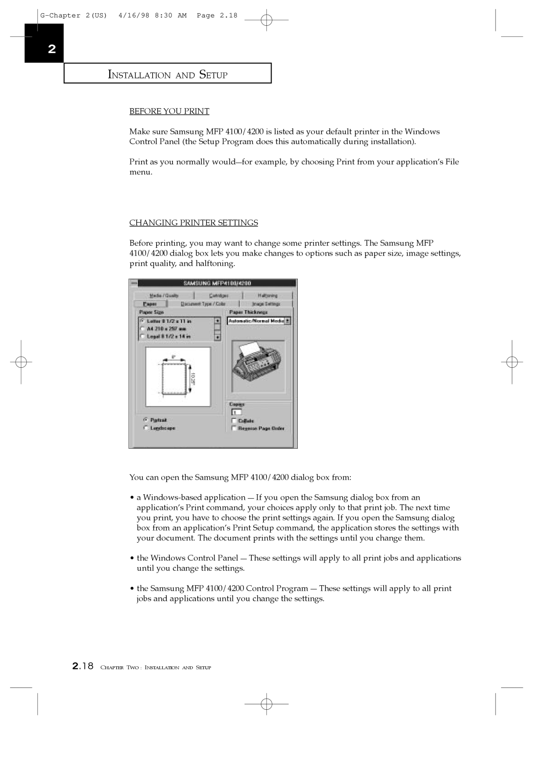 Samsung SF4200, SF4100, SF4000 manual Installation and Setup Before YOU Print, Changing Printer Settings 