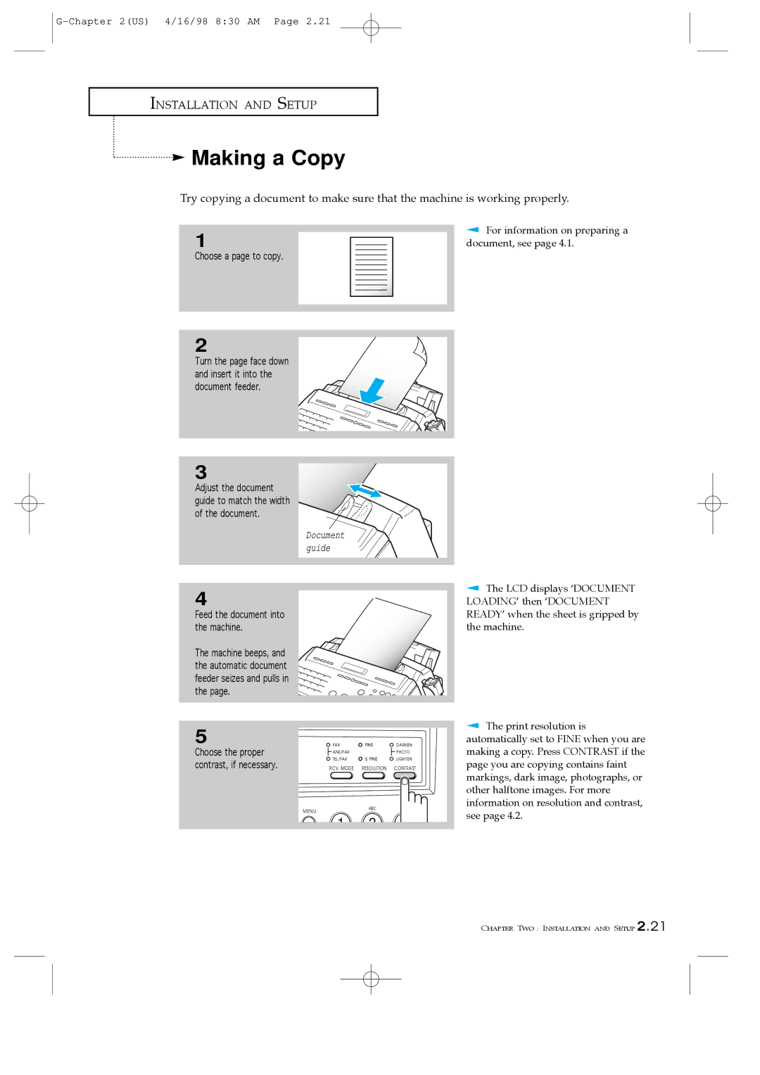 Samsung SF4200, SF4100, SF4000 manual Making a Copy, Choose a page to copy, Choose the proper, Contrast, if necessary 