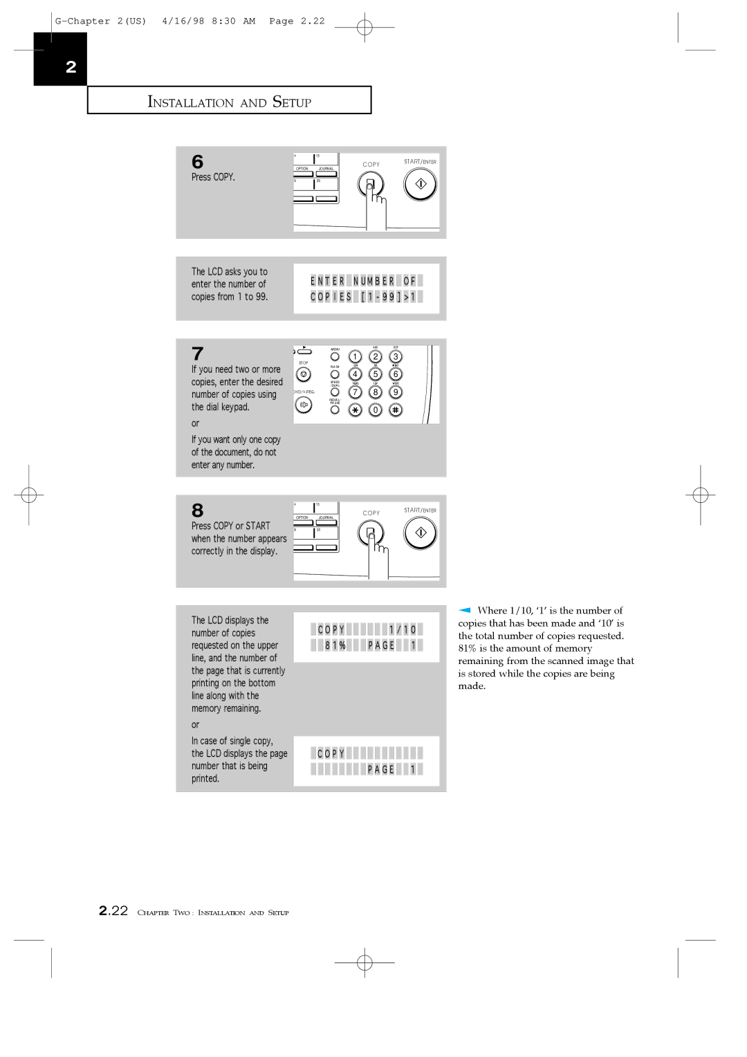 Samsung SF4000, SF4100, SF4200 manual Press Copy, LCD asks you to Enter the number Copies from 1 to 