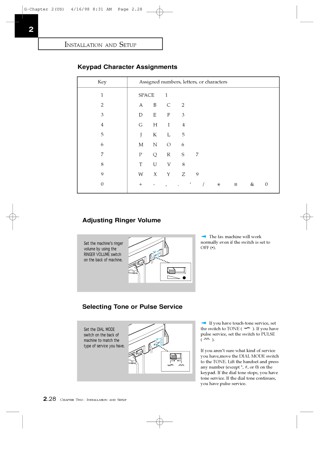 Samsung SF4000, SF4100 manual Keypad Character Assignments, Adjusting Ringer Volume, Selecting Tone or Pulse Service, Space 