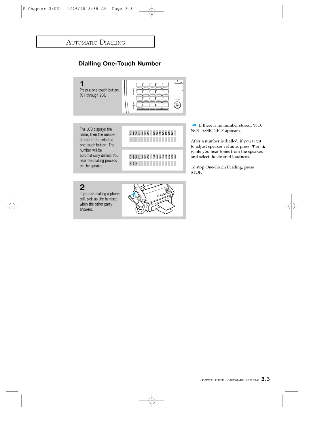 Samsung SF4100, SF4200, SF4000 manual Dialling One-Touch Number, Press a one-touch button, Through 