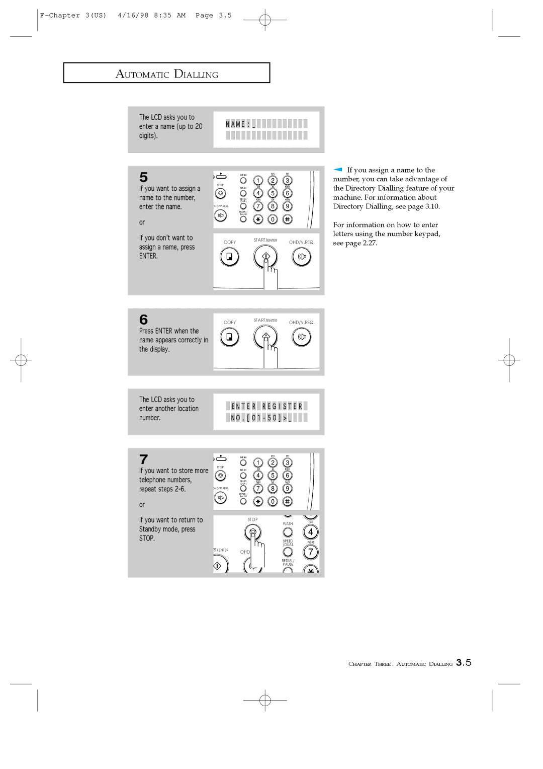 Samsung SF4000, SF4100, SF4200 manual LCD asks you to Enter a name up to 20 N a M E digits, If you assign a name to 