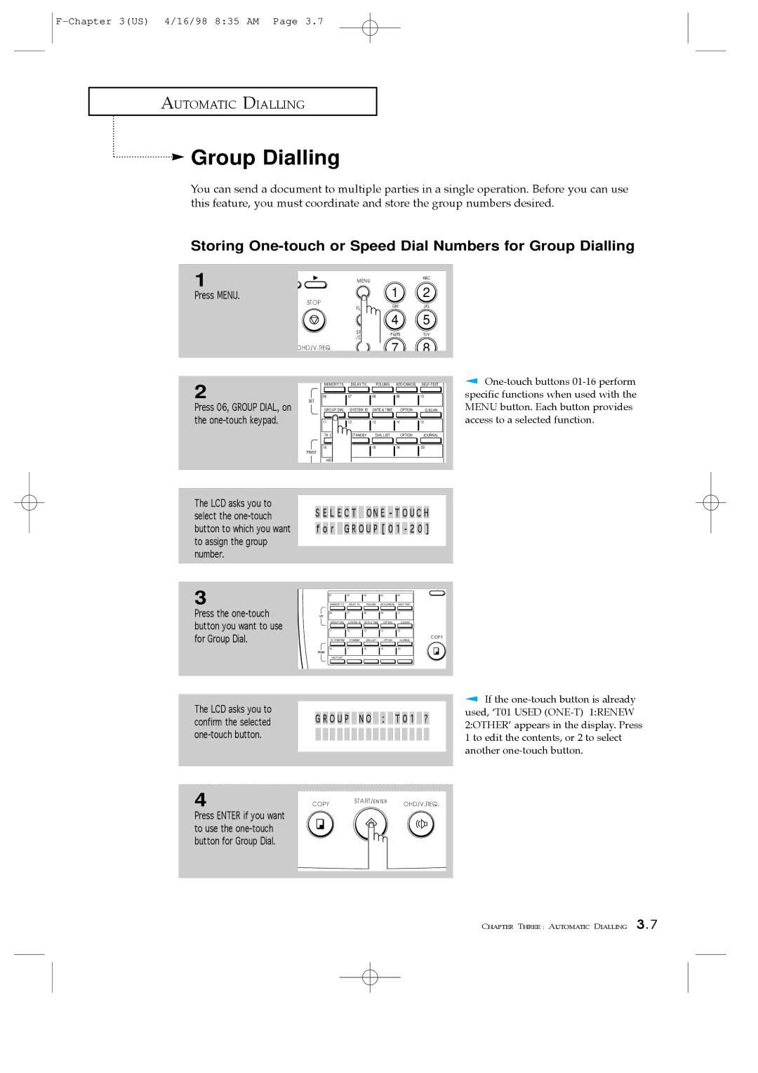 Samsung SF4200, SF4100, SF4000 manual Storing One-touch or Speed Dial Numbers for Group Dialling 