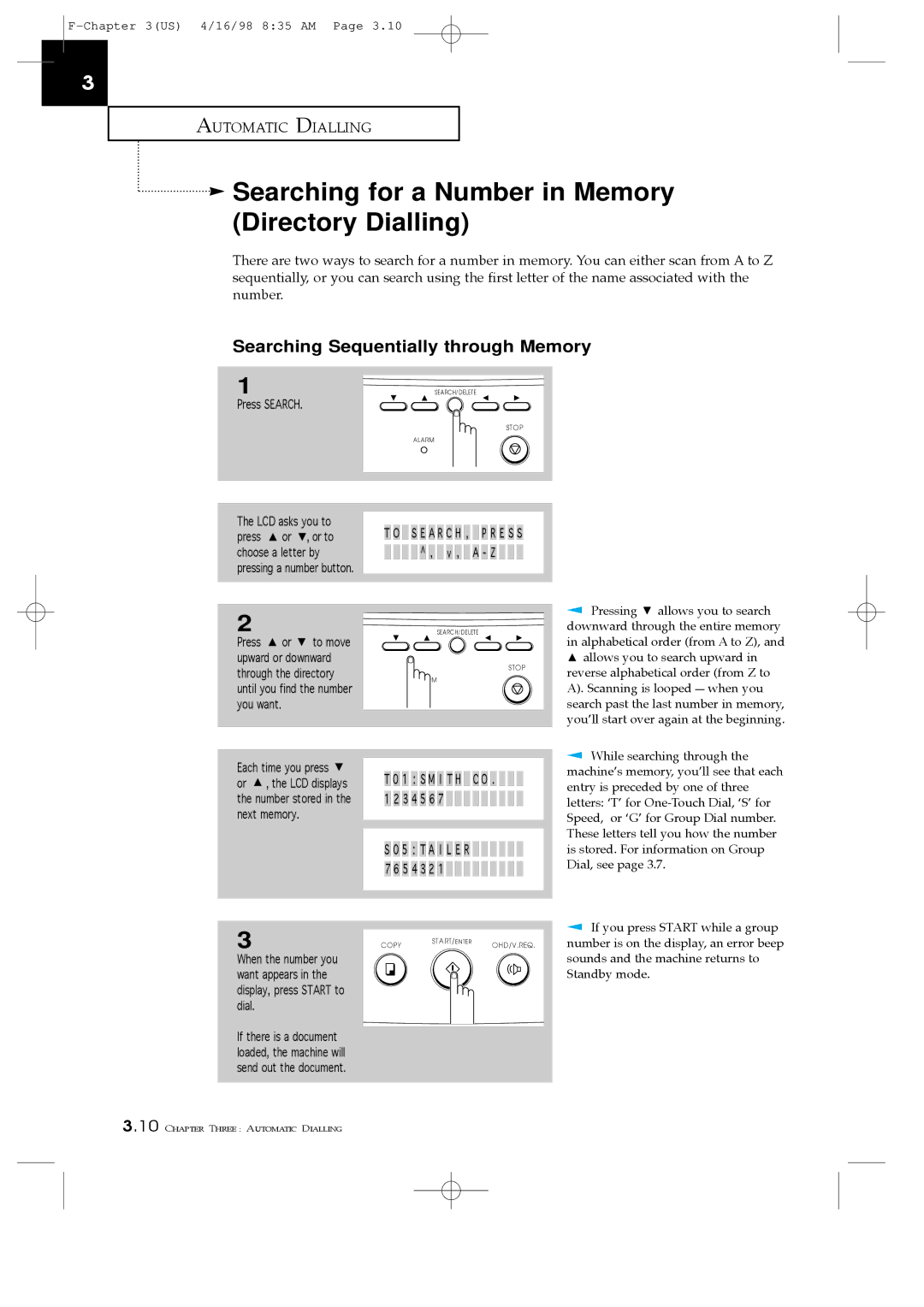 Samsung SF4200 Searching for a Number in Memory Directory Dialling, Searching Sequentially through Memory, Press Search 