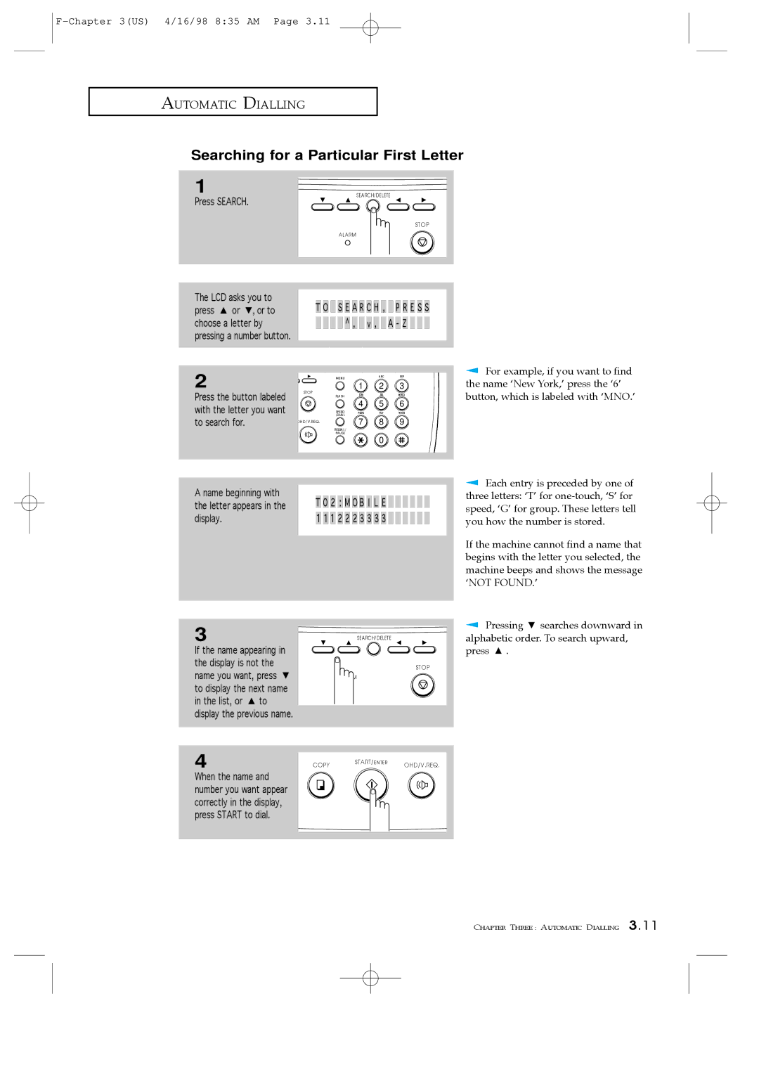 Samsung SF4000, SF4100, SF4200 manual Searching for a Particular First Letter 