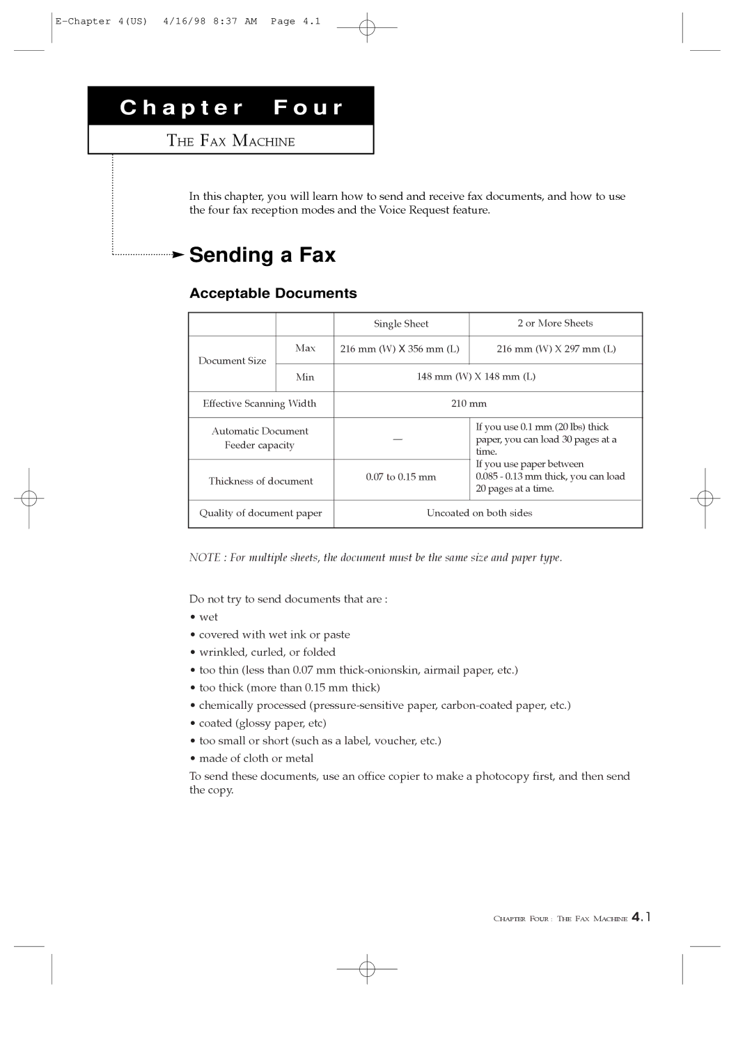 Samsung SF4200, SF4100, SF4000 manual Sending a Fax, Acceptable Documents, FAX Machine 